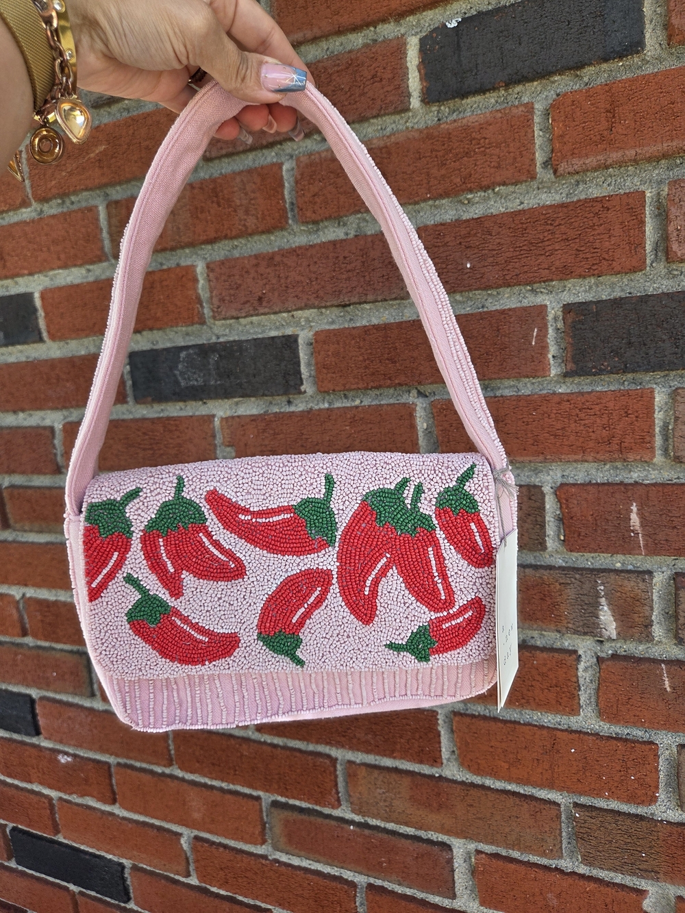 Pink Beaded Chili Pepper Shoulder Canvas Bag - Picture 1 of 5